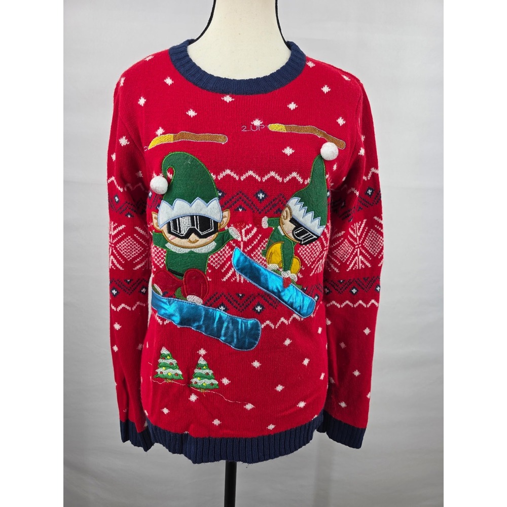 Holiday Time Snowboarding Elves Ugly Christmas Sweater Red XL 14-16
